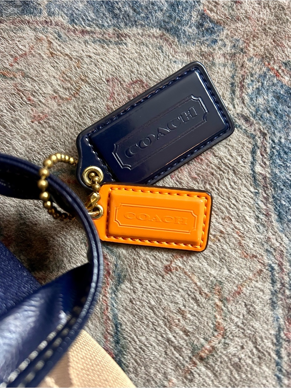 Coach Signature Backpack Gold Hardware Tan w Navy Trim Two Tags Charms Canvas - Picture 12 of 15